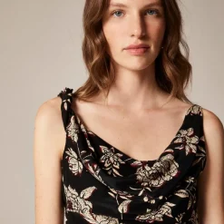 Asymmetrical cowlneck top in floral crepe de chine