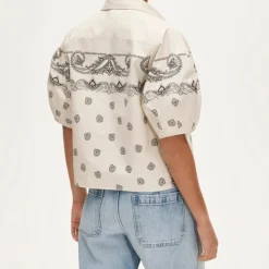 Bell-sleeve button-up shirt in bandana print