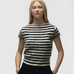Brushed cashmere boatneck T-shirt in stripe