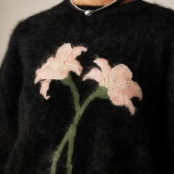 Brushed cashmere relaxed crewneck sweater with floral intarsia