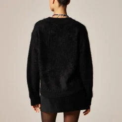Brushed cashmere relaxed crewneck sweater with floral intarsia