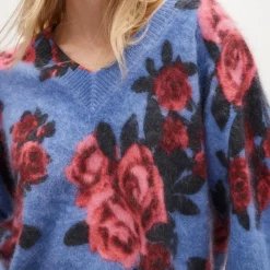 Brushed cashmere relaxed V-neck sweater in floral print