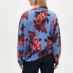 Brushed cashmere relaxed V-neck sweater in floral print