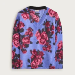 Brushed cashmere relaxed V-neck sweater in floral print