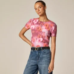 Brushed cashmere T-shirt in watercolor floral print