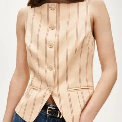 Button-up cutaway tank top in striped Gramercy linen blend