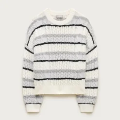 Cashmere cable-knit blouson-sleeve sweater in stripe