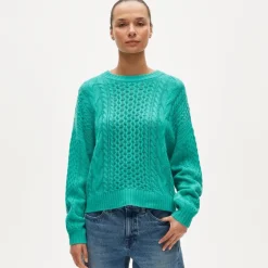 Cashmere cable-knit blouson-sleeve sweater