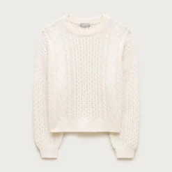 Cashmere cable-knit blouson-sleeve sweater