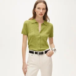 Cashmere pointelle button-up short-sleeve cardigan