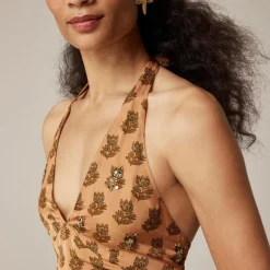 Collection embellished halter dress in tonal tulip block print