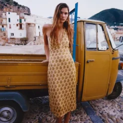Collection embellished halter dress in tonal tulip block print