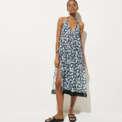 Crinkle side-tie dress with lace trim