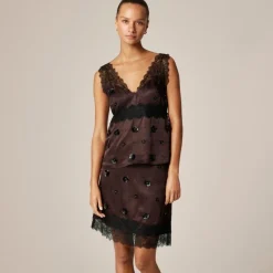 Embellished lace-trim tank top in luster charmeuse