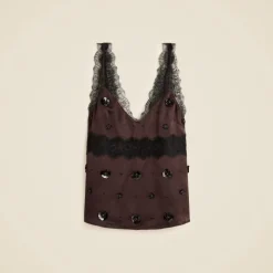 Embellished lace-trim tank top in luster charmeuse