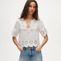 Embroidered eyelet top in linen