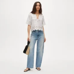Embroidered eyelet top in linen