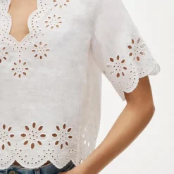 Embroidered eyelet top in linen