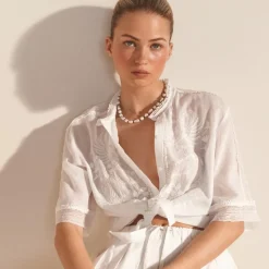 Embroidered lace-trim button-up shirt in cotton voile