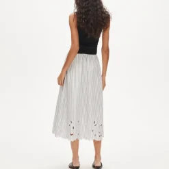 Embroidered pull-on midi skirt in striped cotton poplin