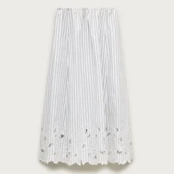 Embroidered pull-on midi skirt in striped cotton poplin