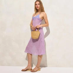 Embroidered slip dress in summer fields-print ramie