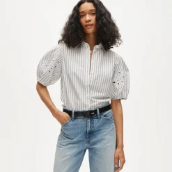 Eyelet puff-sleeve shirt in striped cotton poplin