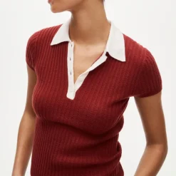 Featherweight cashmere pointelle sweater-polo with contrast collar