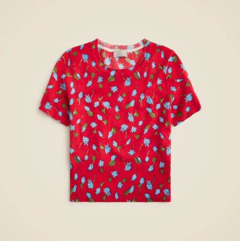 Featherweight cashmere shrunken T-shirt in brushed daisy print