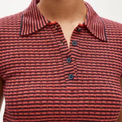 Featherweight ribbed cashmere short-sleeve sweater-polo in stripe