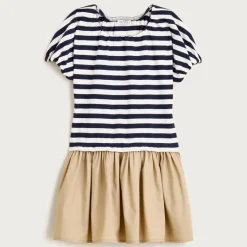 Girls' bubble-sleeve mixy dress in stripe