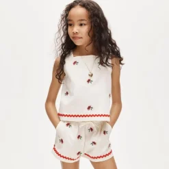Girls' embroidered floral top in linen blend