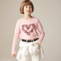 Girls' long-sleeve rosette heart graphic T-shirt with flocking