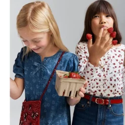 Girls' puff-sleeve cherry dress in drapey denim