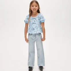 Girls' puff-sleeve top in crinkle jersey