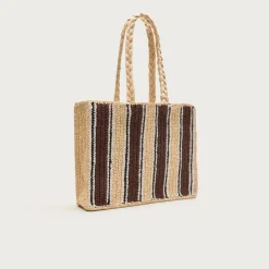 Handknotted straw tote bag in stripe