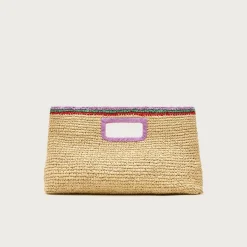 Handwoven straw rectangular clutch with contrast trim