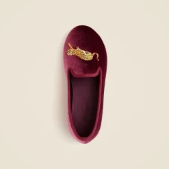 Kids' embroidered-leopard velvet slip-on shoes