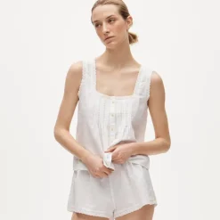 Lace-trim camisole and pajama short set in linen-cotton blend