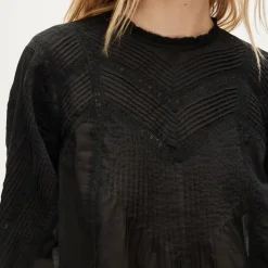 Lace-trim pintuck top in cotton voile
