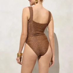 Nia ruched squareneck one-piece in leopard print