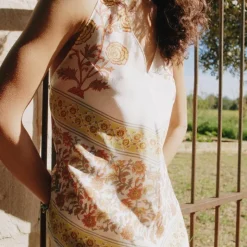 Open-back halter top in sunset rose block print