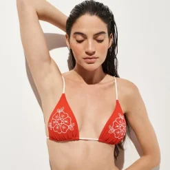 Perfect embroidered contast-trim string bikini top