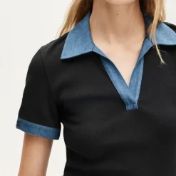 Perfect rib johnny-collar top with denim trim