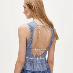 Petite open-back mixy dress in gingham cotton-blend poplin
