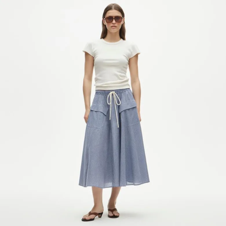 Petite patch-pocket midi skirt in gingham cotton madras