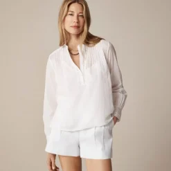 Pintuck lace-trim top in cotton voile