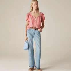 Puff-sleeve henley in striped gauze