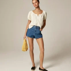 Puff-sleeve henley in striped gauze