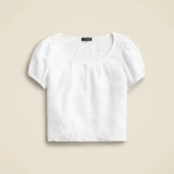Puff-sleeve henley top in gauze